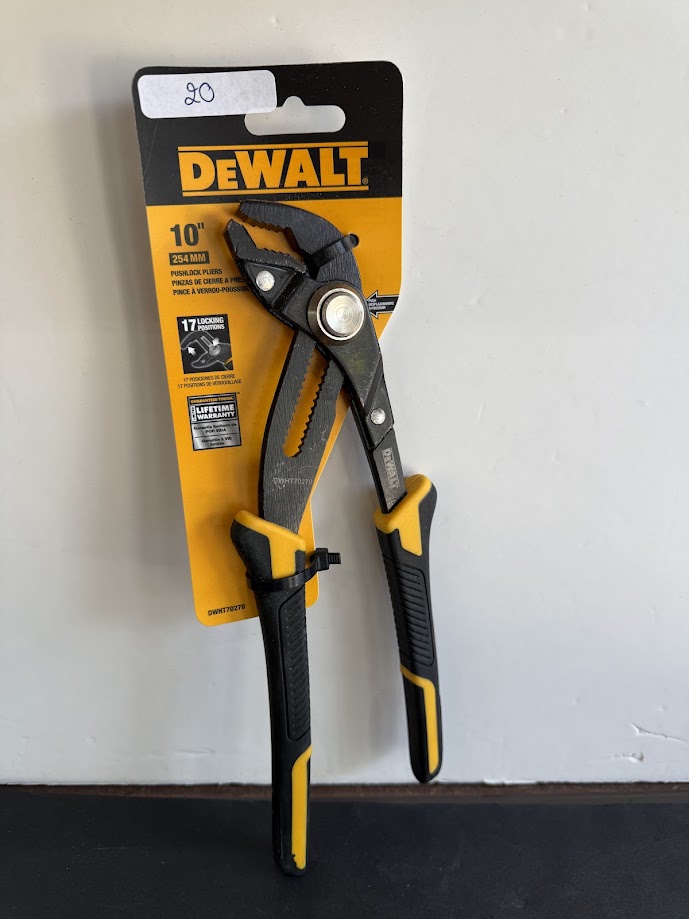 DeWalt 10" locking pliers with yellow and black grips on packaging used for gripping and clamping tasks