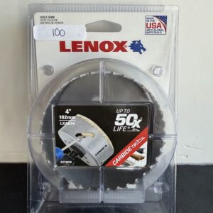 Lenox 4-inch [102 mm] hole saw in clear plastic packaging with carbide-tipped teeth and label reading 'Up to 50x life' and 'Made in USA' on top right.